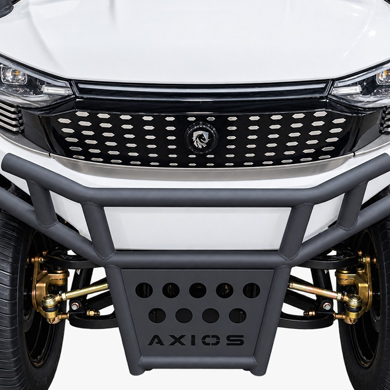 Front view of a white SUV featuring a heavy-duty gray off-road bumper with an AXIOS skid plate and exposed suspension components underway for rugged protection