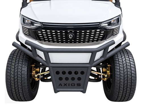 Front view of a white AXIOS off-road utility vehicle with a heavy-duty grille guard, bumper, and exposed suspension.